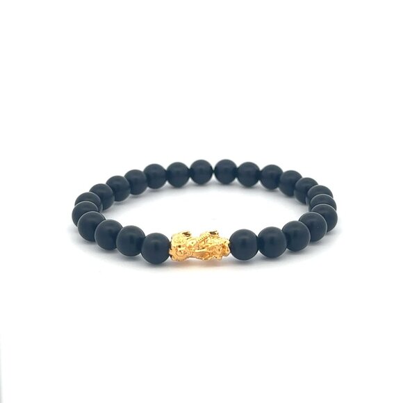 18K Gold Pixiu Piyao Bracelet Gemstones Matte Onyx 6mm Elastic Bracelet - Picture 1 of 6